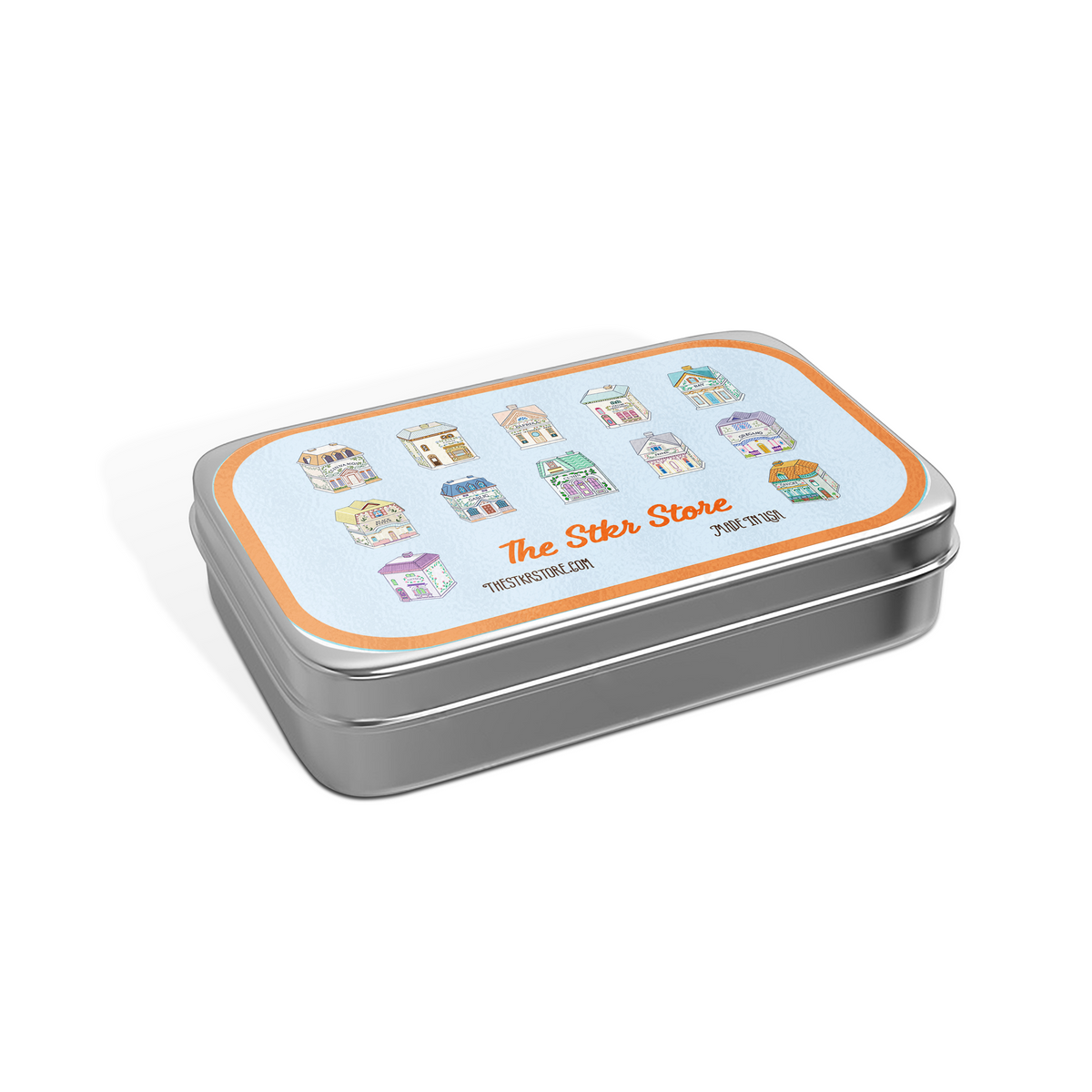 A rectangular silver metal tin with rounded corners, featuring a light blue lid label with colorful house illustrations and the text 'The Stx Store' and 'TODAYORABLE.COM'.
