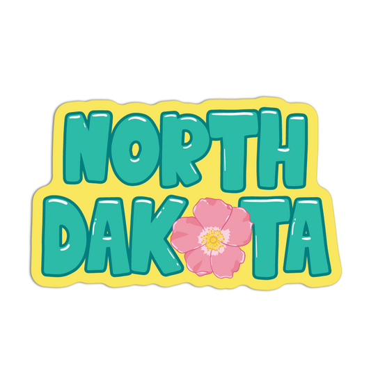 Sticker with 'NORTH DAKOTA' text and a pink flower on a yellow border.