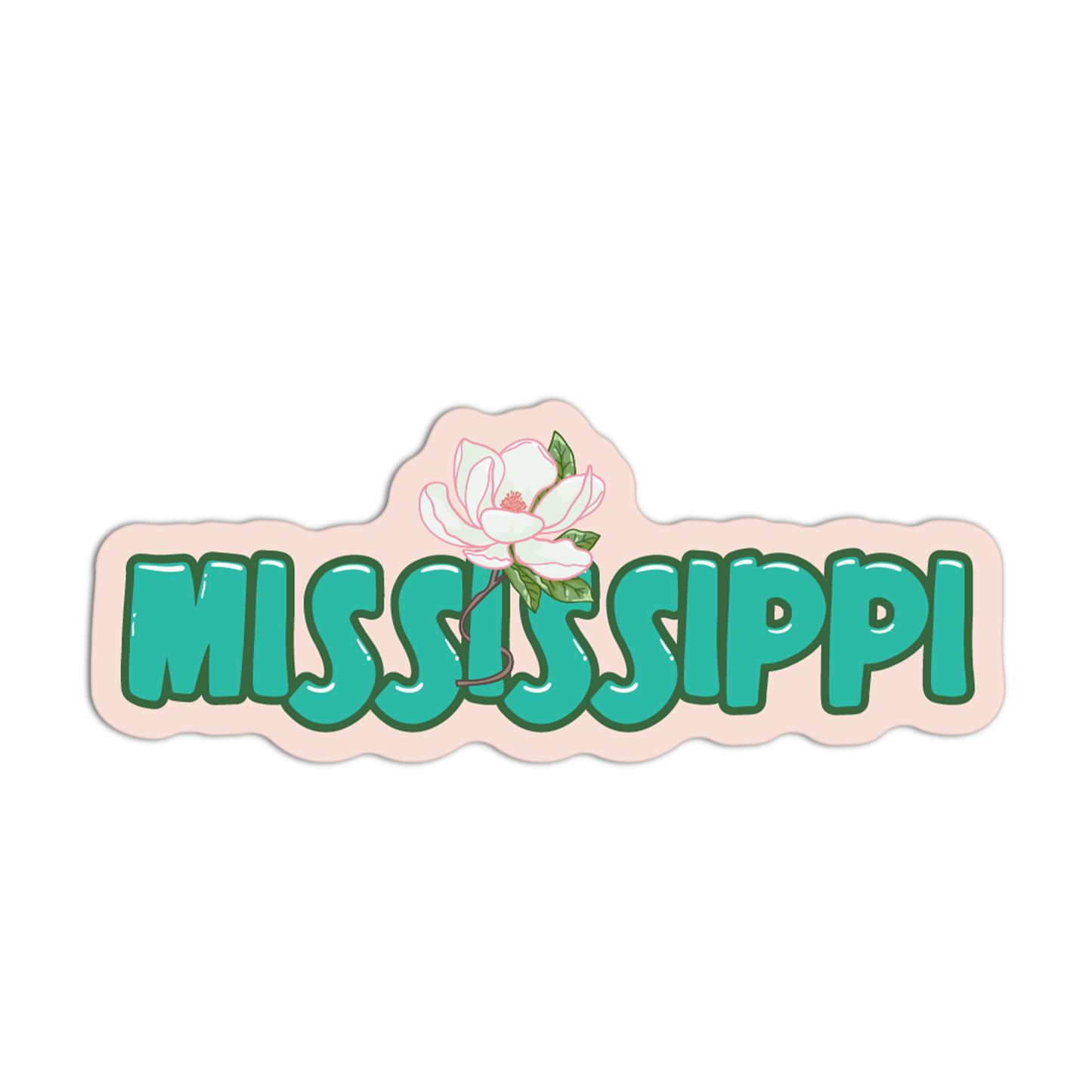 Sticker with 'Mississippi' text and a magnolia flower on a white background