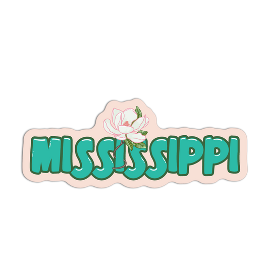 Sticker with 'Mississippi' text and a magnolia flower on a white background