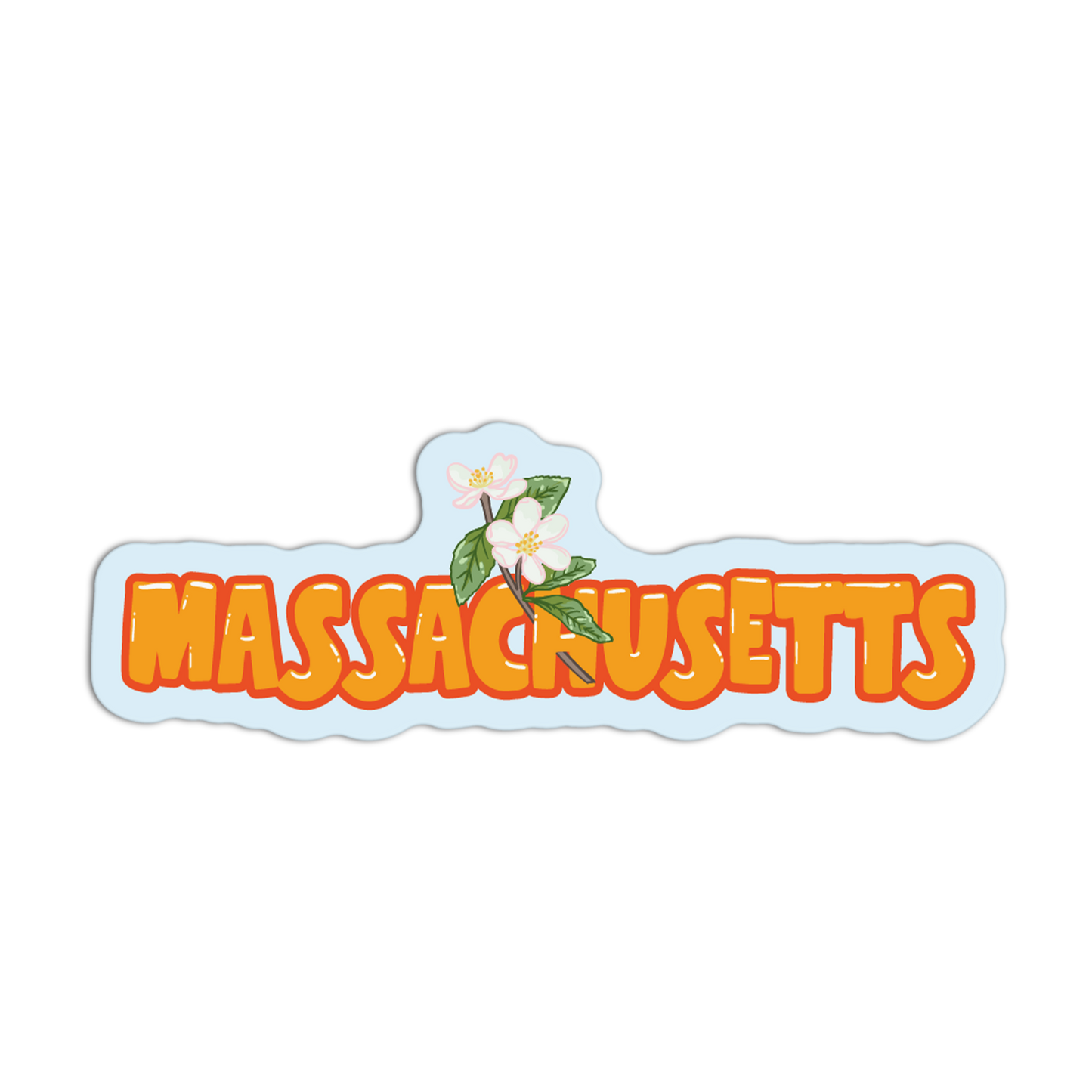 Sticker with 'MASSACHUSETTS' text and floral design on a white background