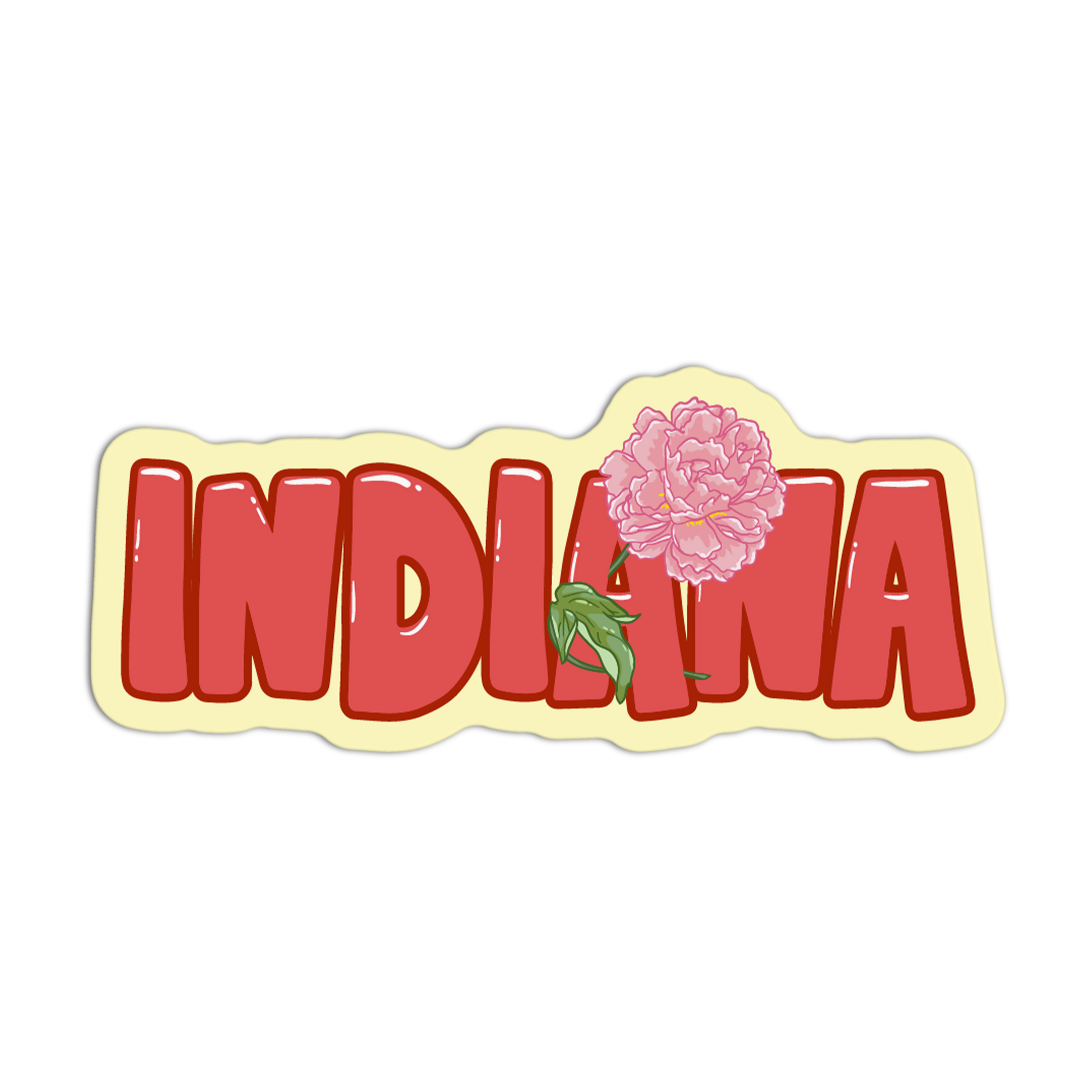 Sticker with 'INDIANA' text and a pink flower on a white background