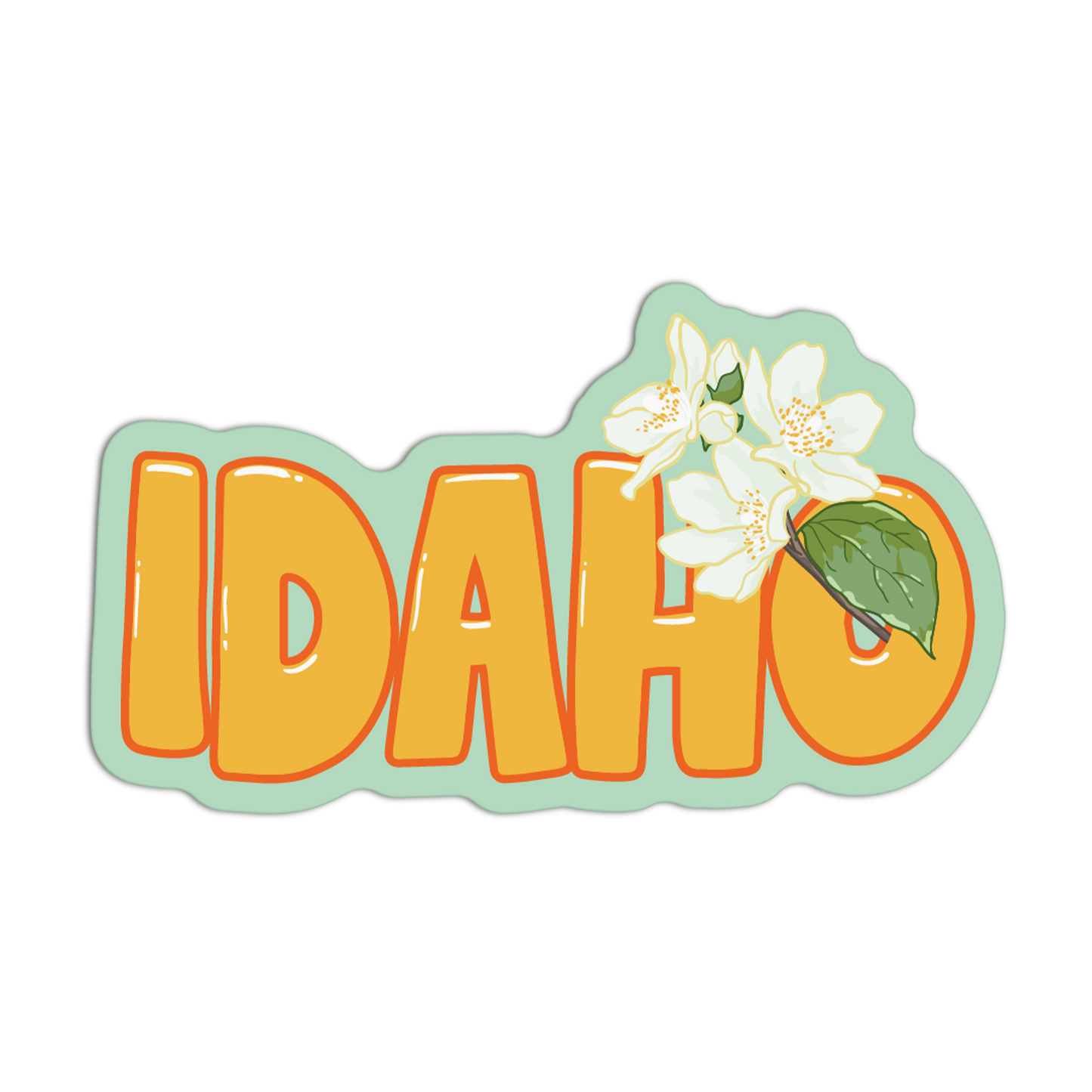 Sticker with 'IDAHO' text and a flower on a white background
