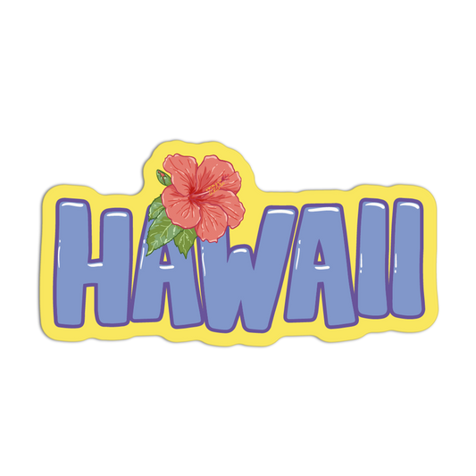 Sticker with 'HAWAII' text and a pink flower on a white background