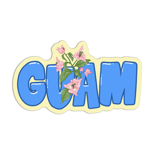 Sticker with 'GUAM' text and floral design on a white background
