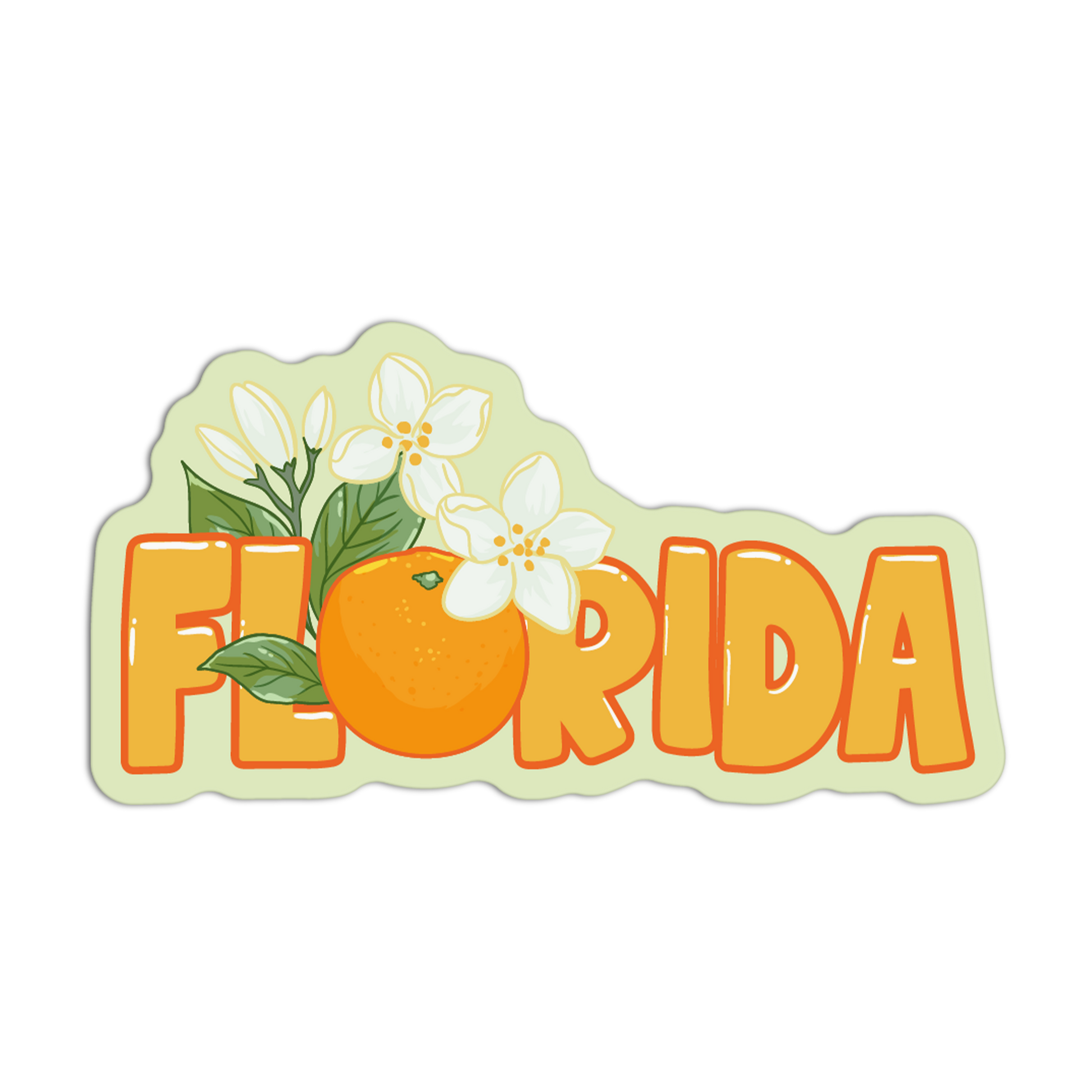Sticker with 'Florida' text, oranges, and flowers on a white background