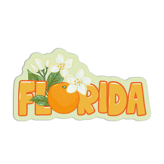 Sticker with 'Florida' text, oranges, and flowers on a white background