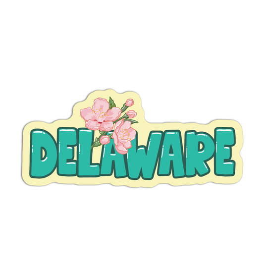 Sticker with 'DELAWARE' text and floral design on a white background