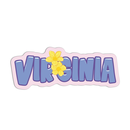 Sticker with 'Virginia' text and a yellow flower on a white background