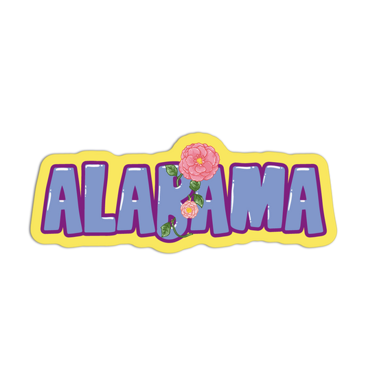 Stylized 'Alabama' text with flowers on a white background