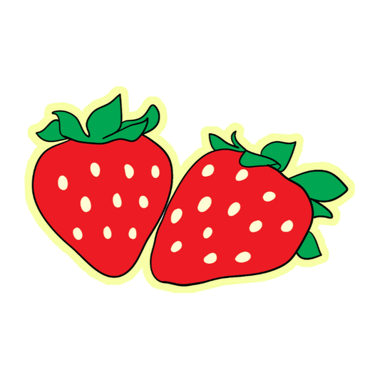 Two cartoon strawberries with green leaves on a white background
