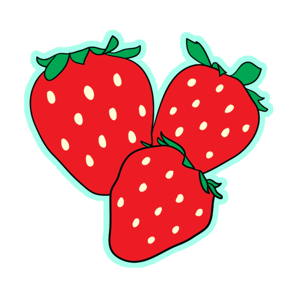 Three red strawberries with green leaves on a white background