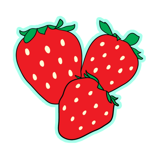 Three red strawberries with green leaves on a white background