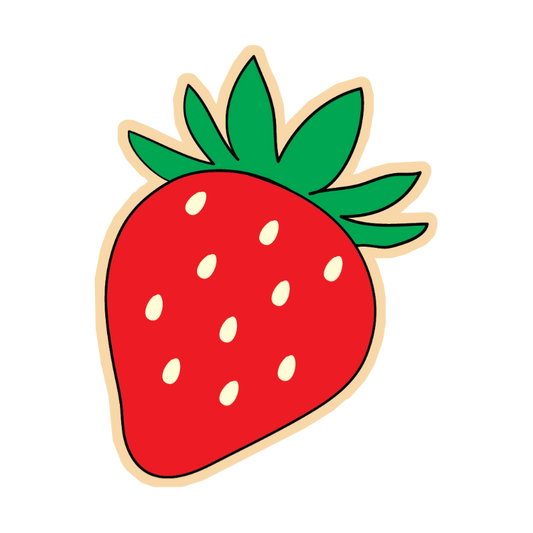 Illustration of a red strawberry with green leaves on a white background