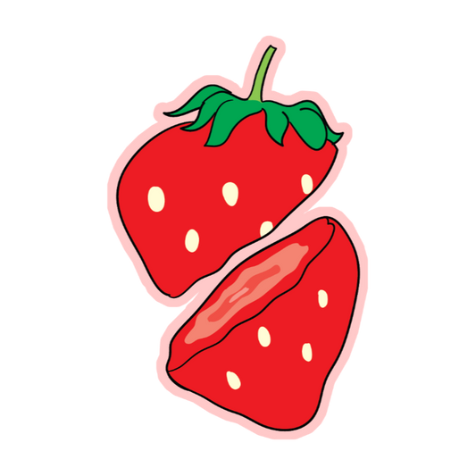 Illustration of a strawberry with a bite taken out on a white background