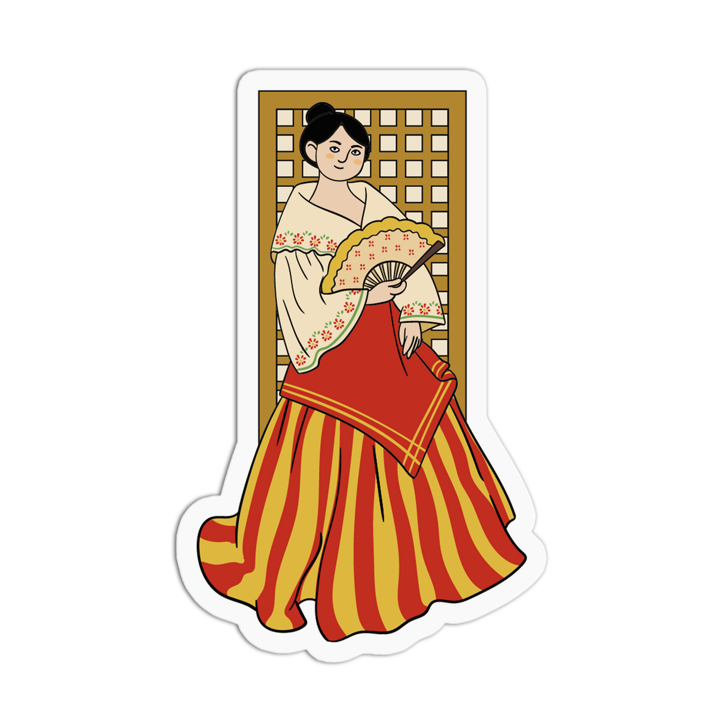 A die-cut sticker featuring a stylized illustration of a woman in traditional Japanese attire, holding a folding fan, set against a plain white background.