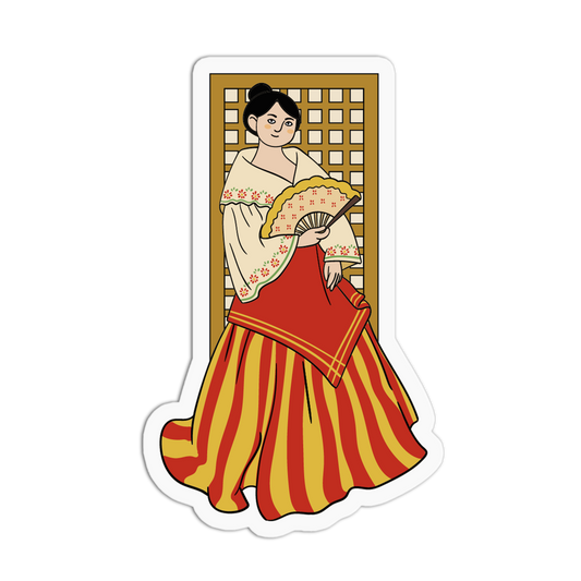 A die-cut sticker featuring a stylized illustration of a woman in traditional Japanese attire, holding a folding fan, set against a plain white background.