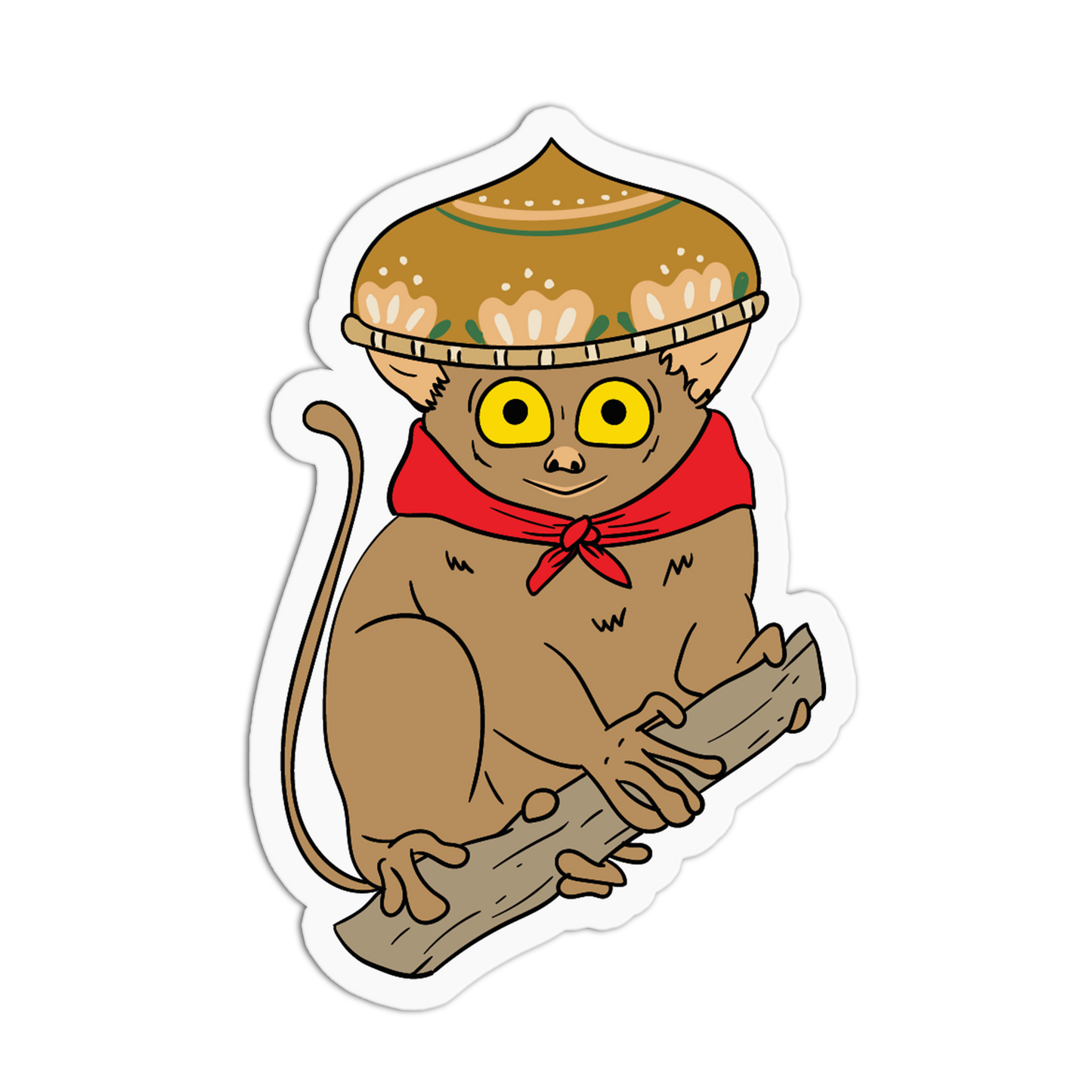 A die-cut cartoon sticker of a brown monkey wearing a tan sombrero and a red neckerchief, sitting on a log against a white background.