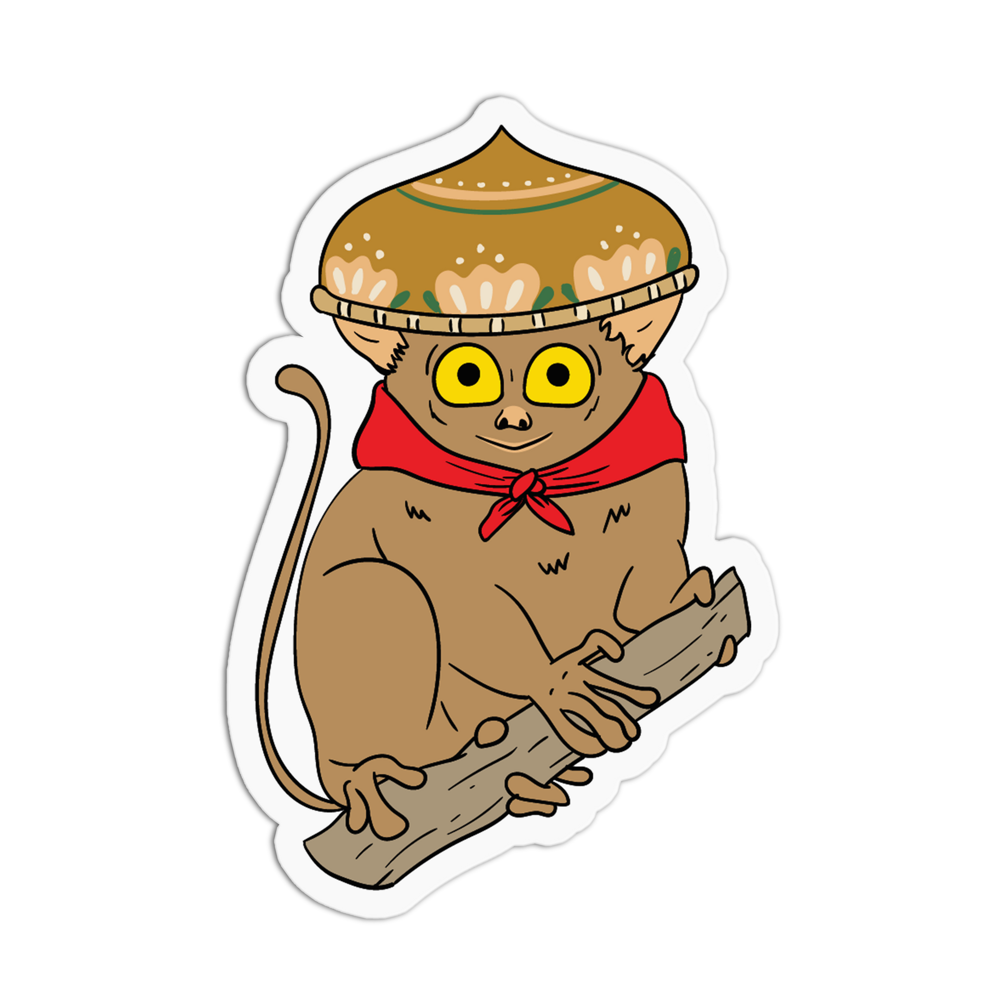 A die-cut cartoon sticker of a brown monkey wearing a tan sombrero and a red neckerchief, sitting on a log against a white background.