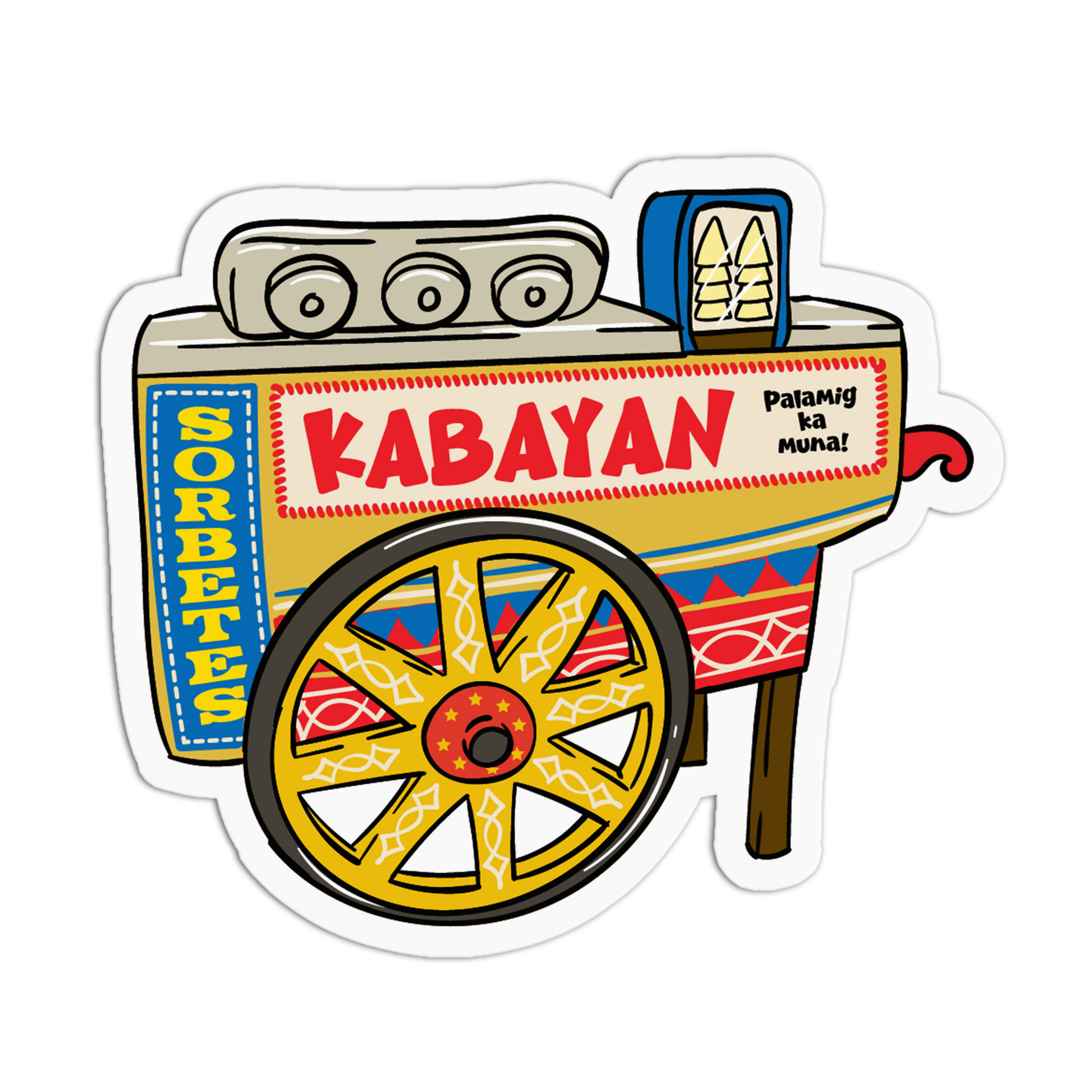 A die-cut sticker featuring a colorful cartoon-style street cart with the word “KABAYAN” in large red letters and additional decorative text and patterns, shown on a plain white background.