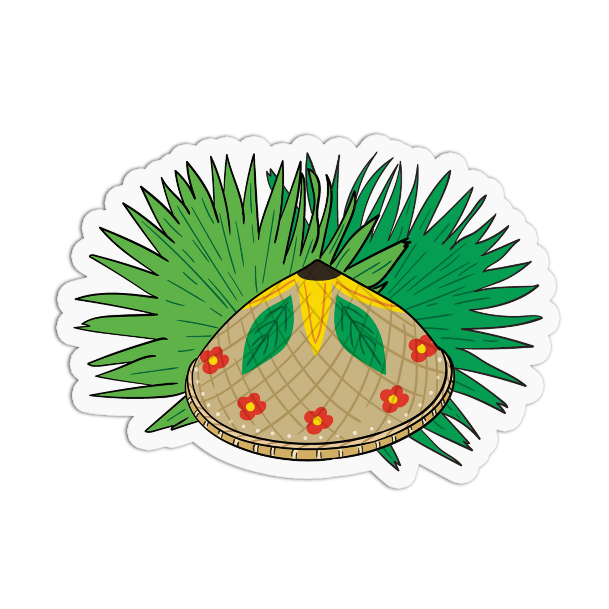 A die-cut sticker featuring a stylized illustration of a woven straw hat with red flowers and green leaves, set against a background of green palm fronds on a white background.