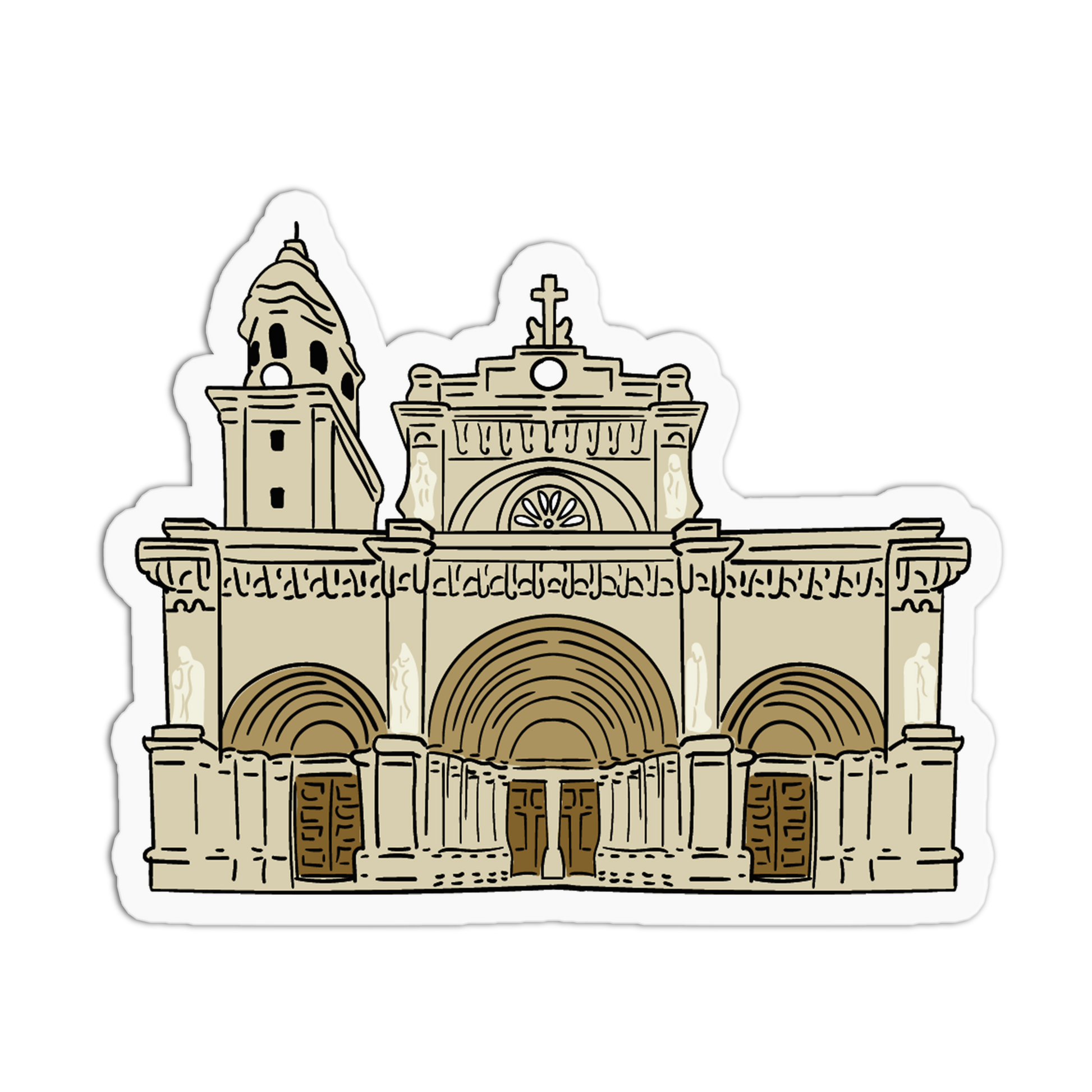 A die-cut sticker featuring a stylized illustration of a cathedral facade, shown on a plain white background.
