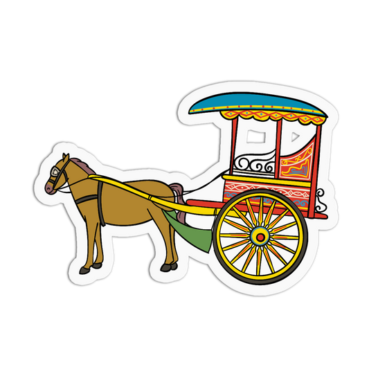 A die-cut sticker featuring a cartoon illustration of a brown horse pulling a colorful carriage with yellow wheels and a blue canopy, shown on a plain white background.