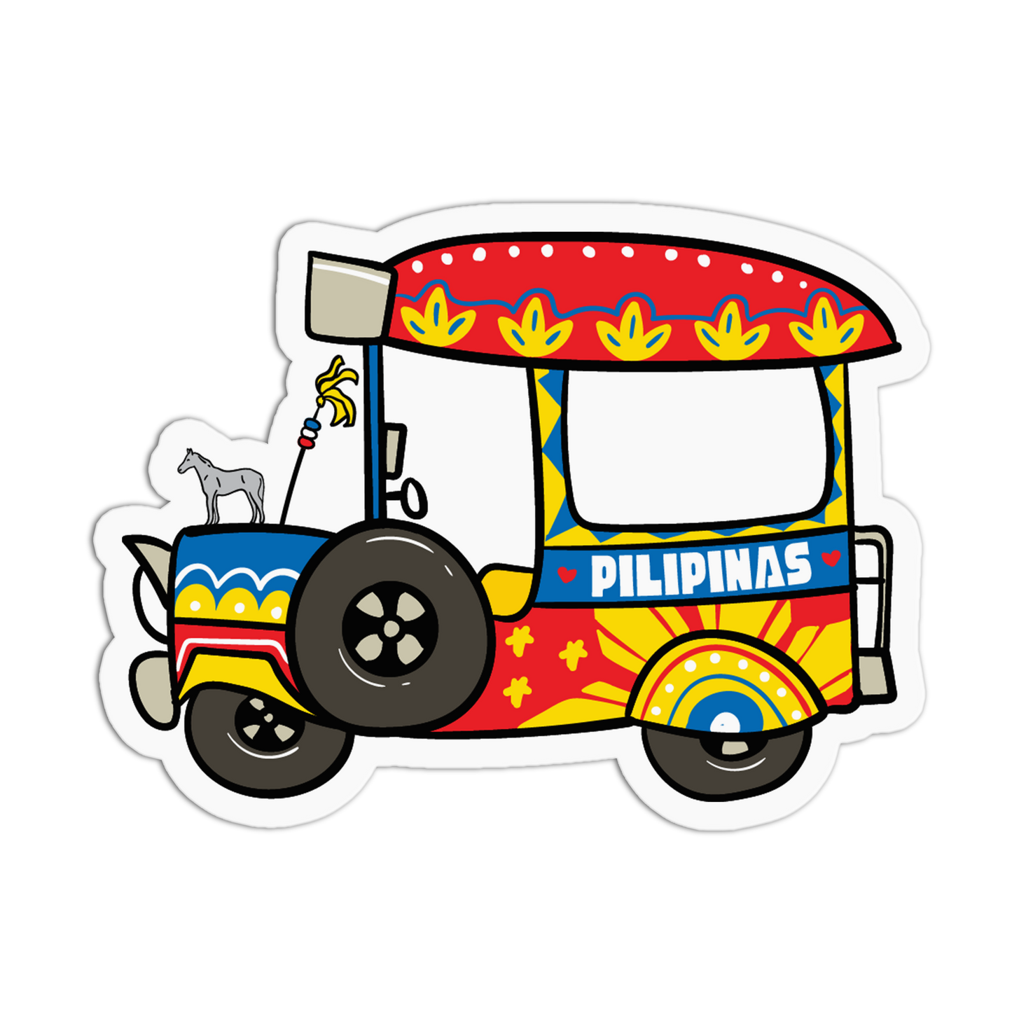 A die-cut sticker featuring a colorful cartoon jeepney with the word 'PILIPINAS' on the side, shown on a plain white background.