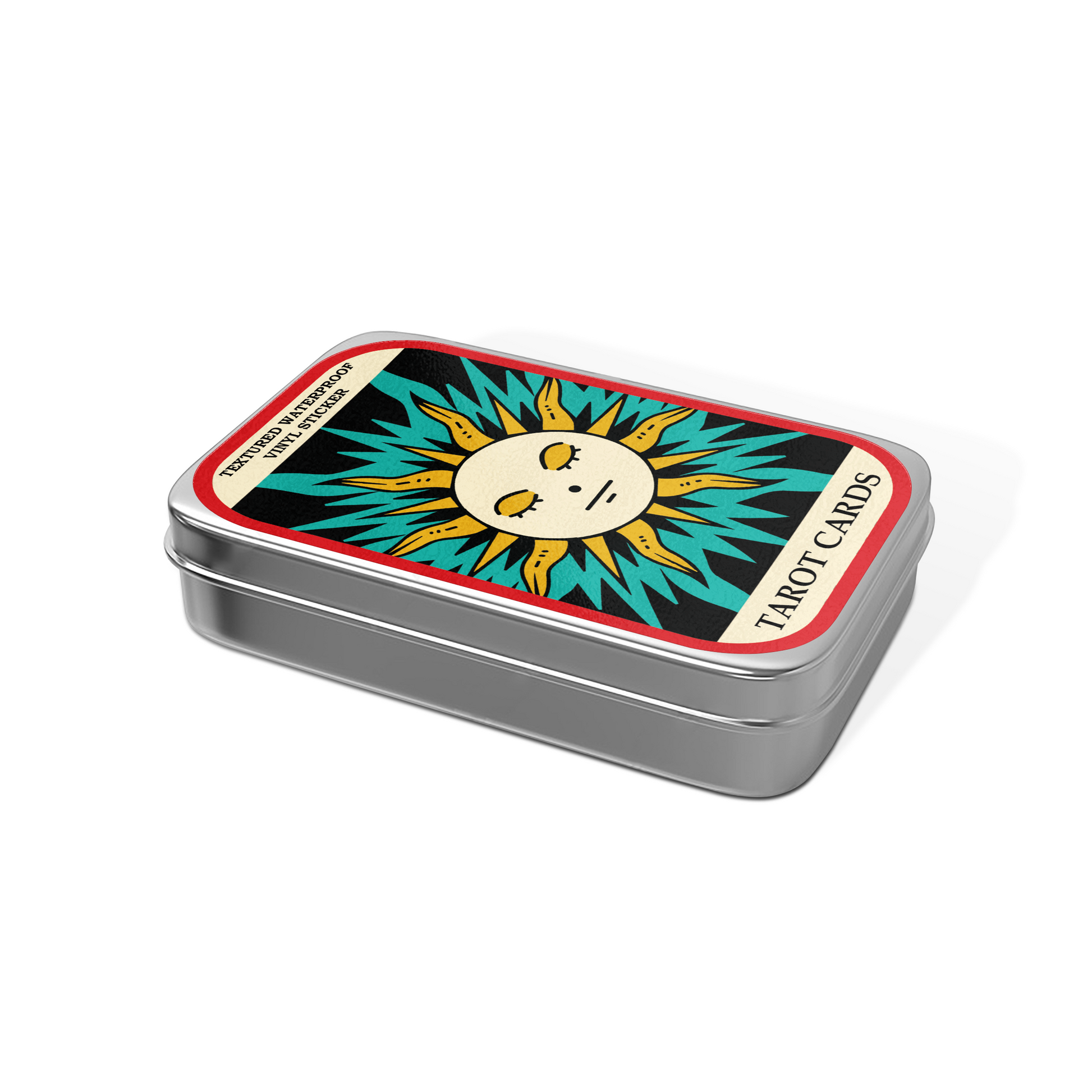 Metal tin box with tarot card design on a white background