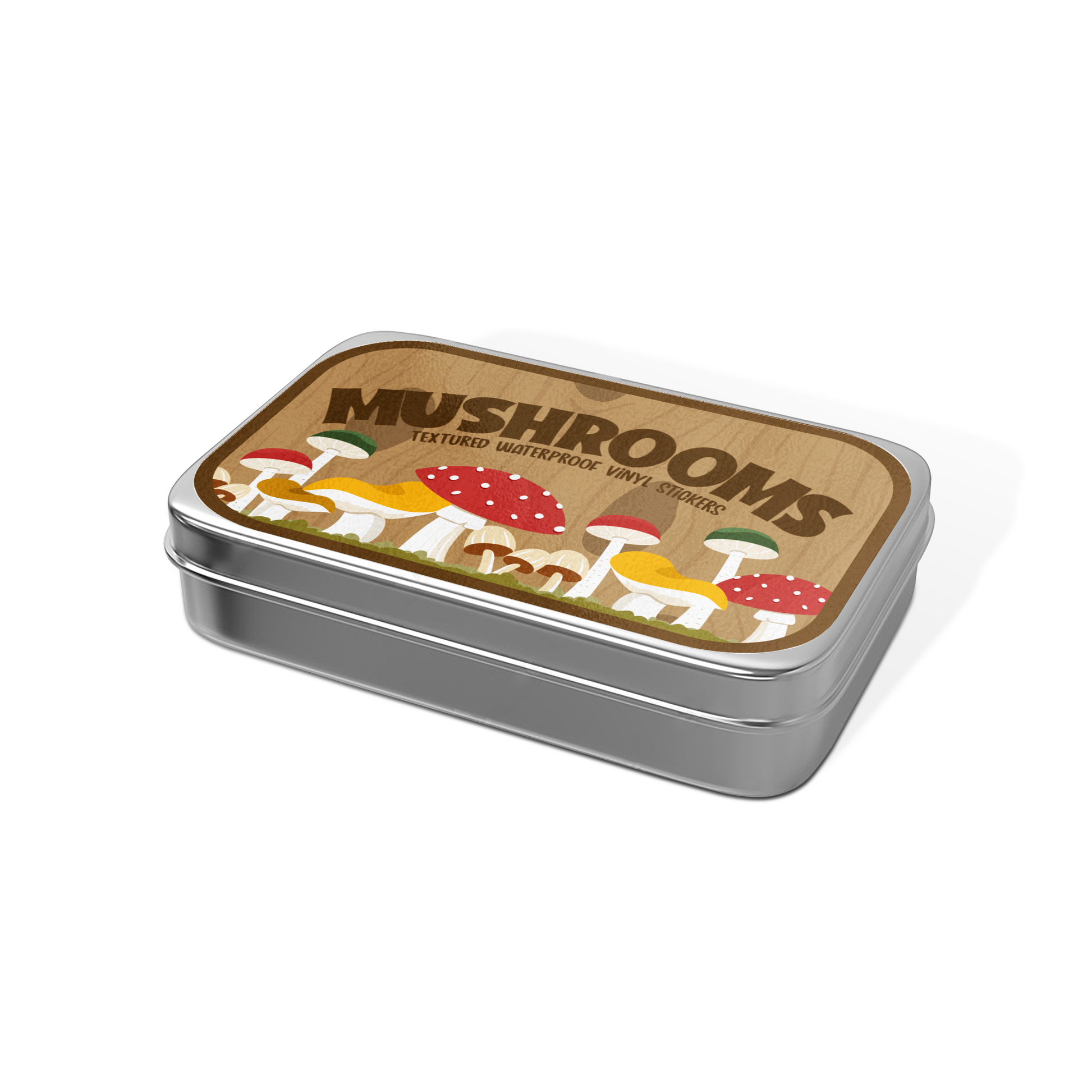 Metal tin with mushroom design and text on a white background