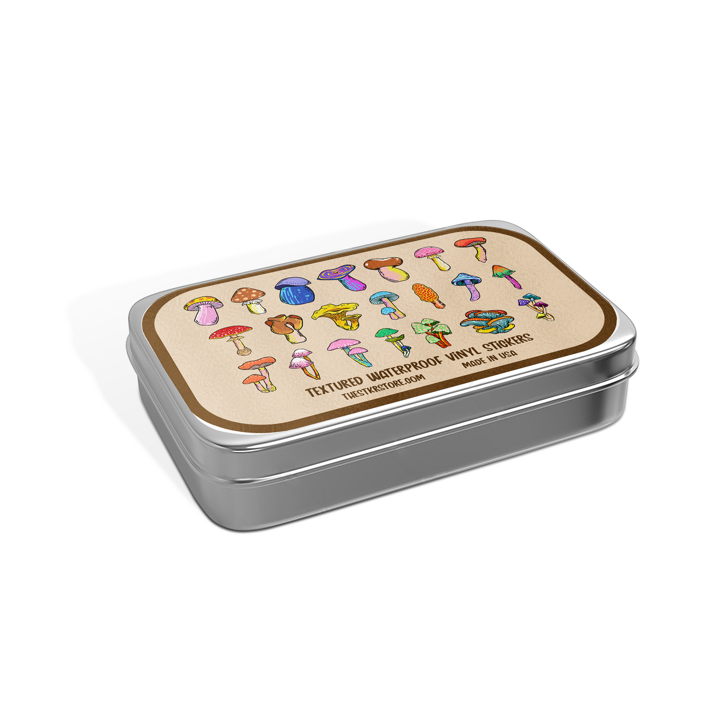 Metal tin with mushroom design on a white background