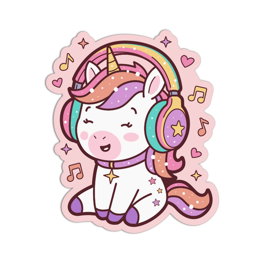Cartoon unicorn with headphones and rainbow hair on a white background