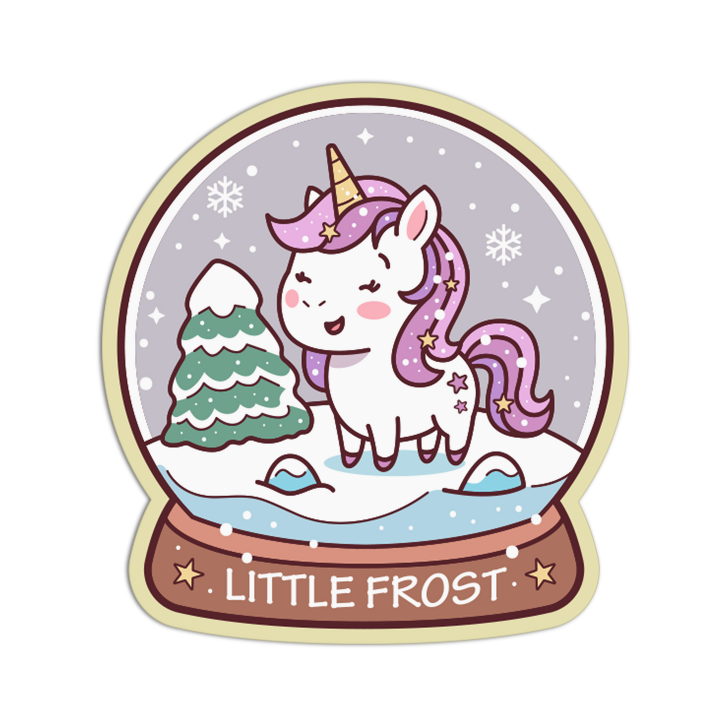 Sticker of a unicorn in a snow globe with 'Little Frost' text on a white background
