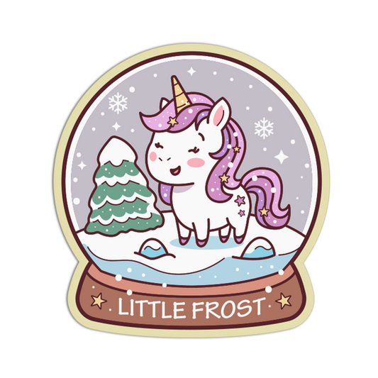 Sticker of a unicorn in a snow globe with 'Little Frost' text on a white background