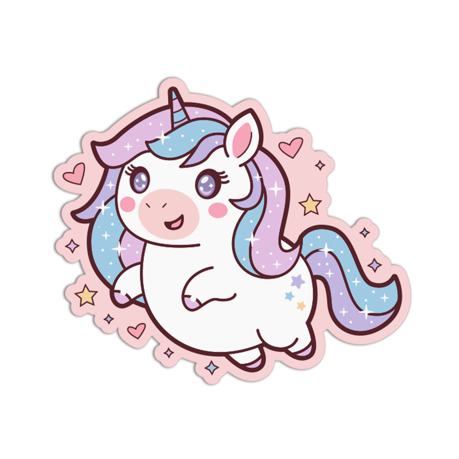 Cartoon unicorn sticker with a pastel-colored mane and tail on a white background