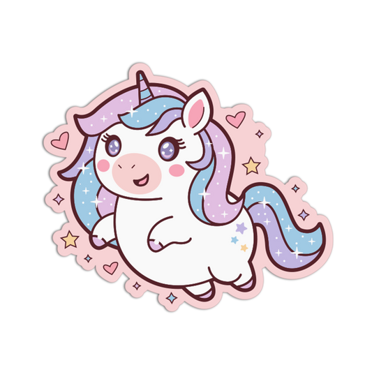 Cartoon unicorn sticker with a pastel-colored mane and tail on a white background