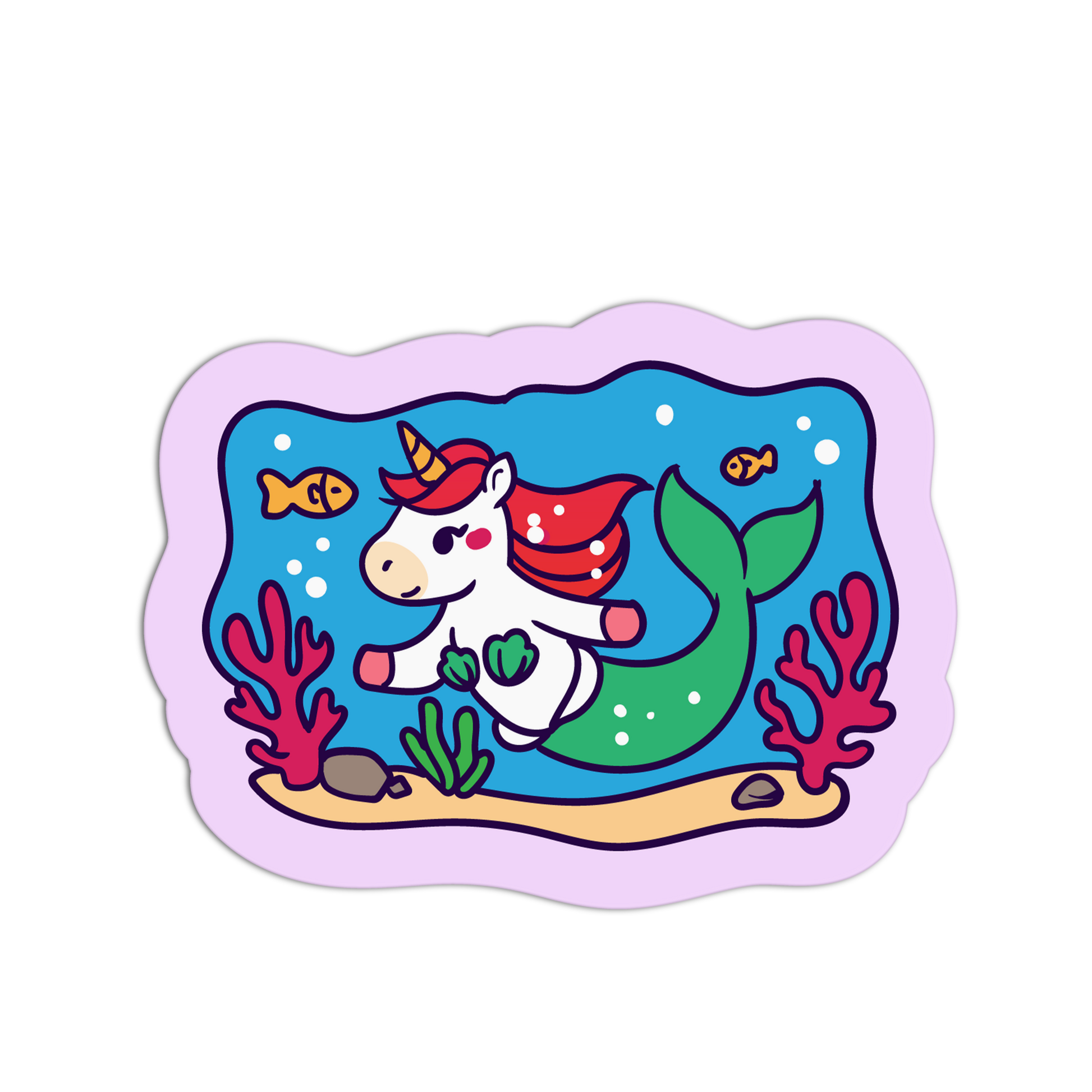 Colorful sticker of a mermaid-like unicorn with red hair and fish in an underwater scene.