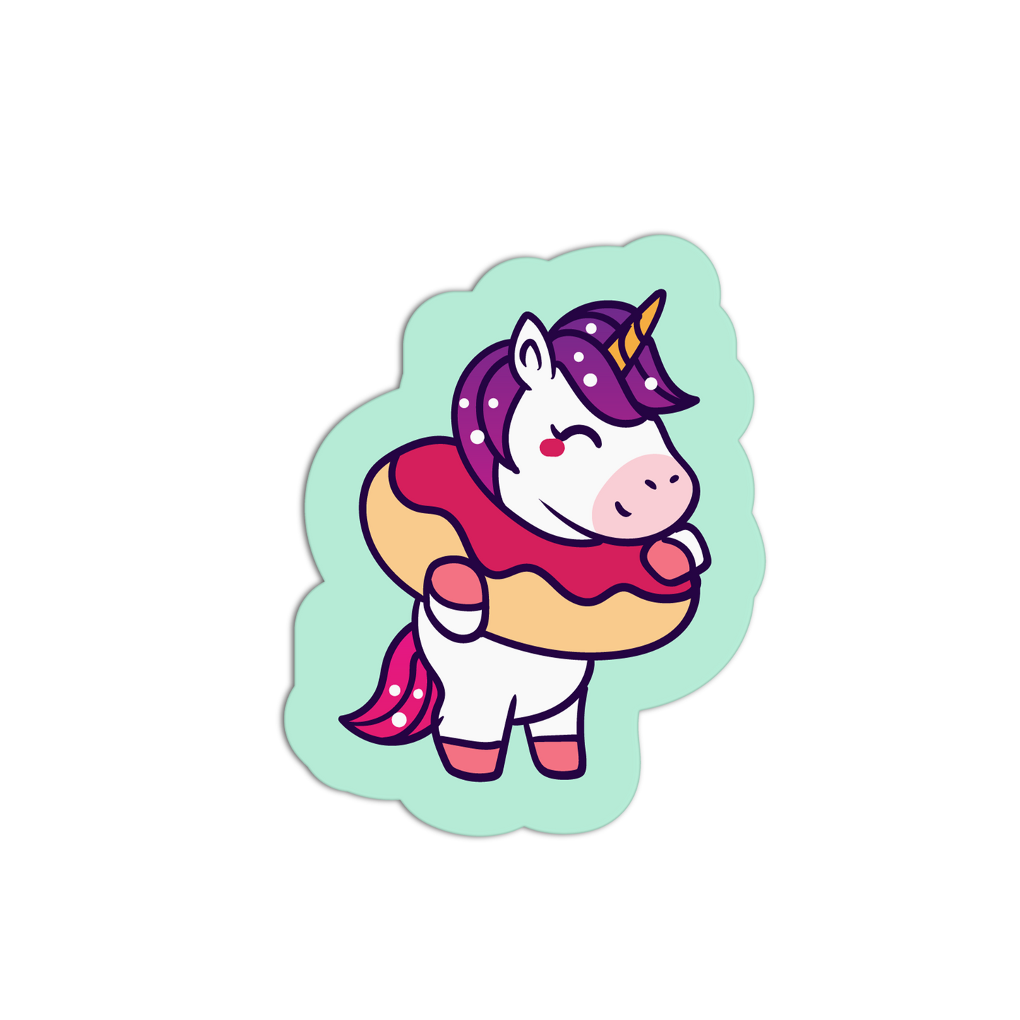 Sticker of a unicorn with a rainbow-colored donut on a light green background