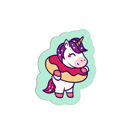 Sticker of a unicorn with a rainbow-colored donut on a light green background