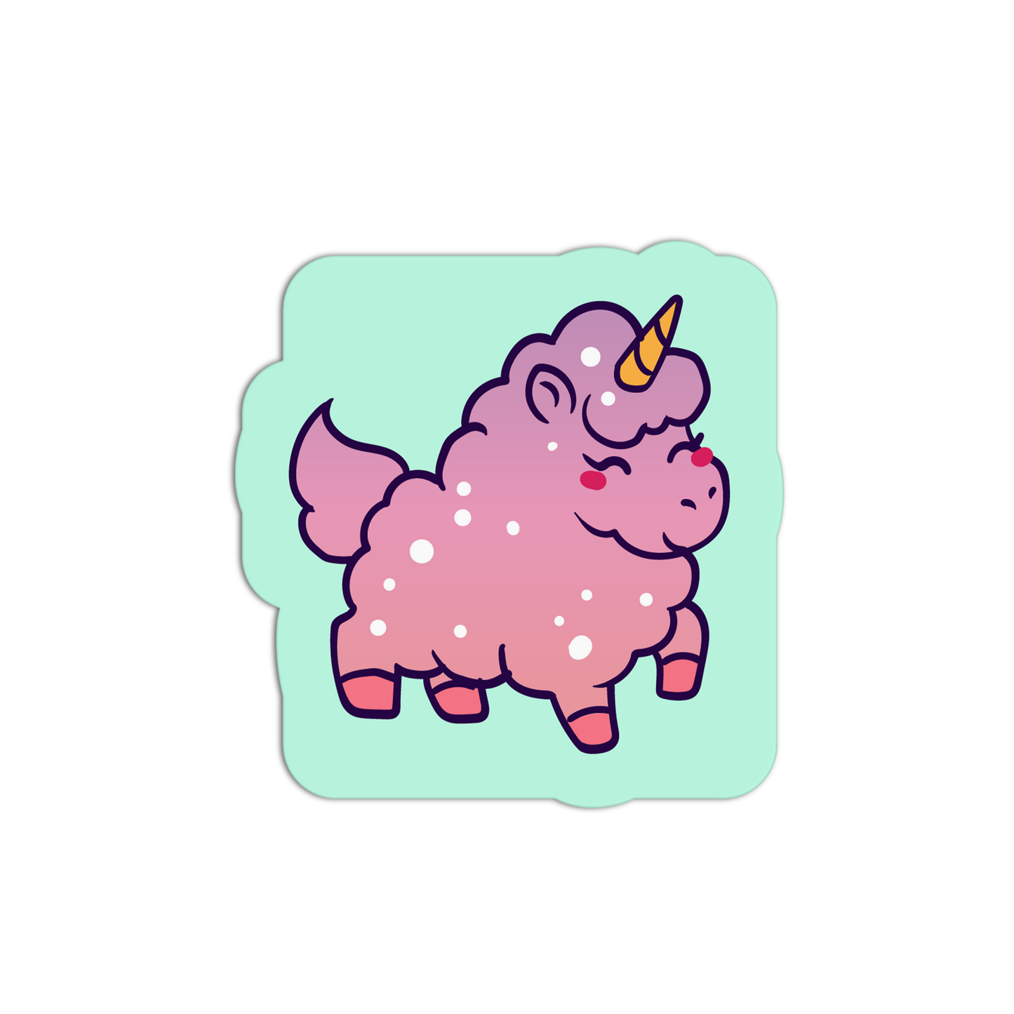 Cartoon unicorn with a pink body and purple mane on a light green background