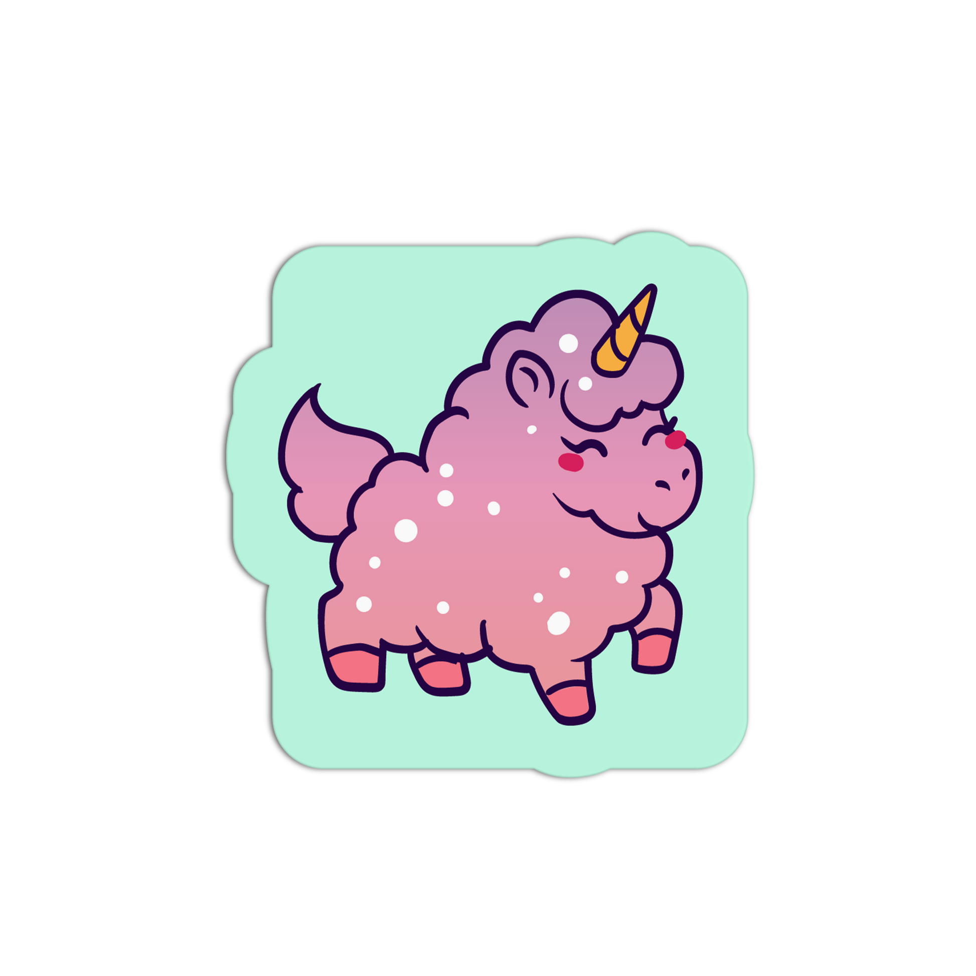 Cartoon unicorn with a pink body and purple mane on a light green background