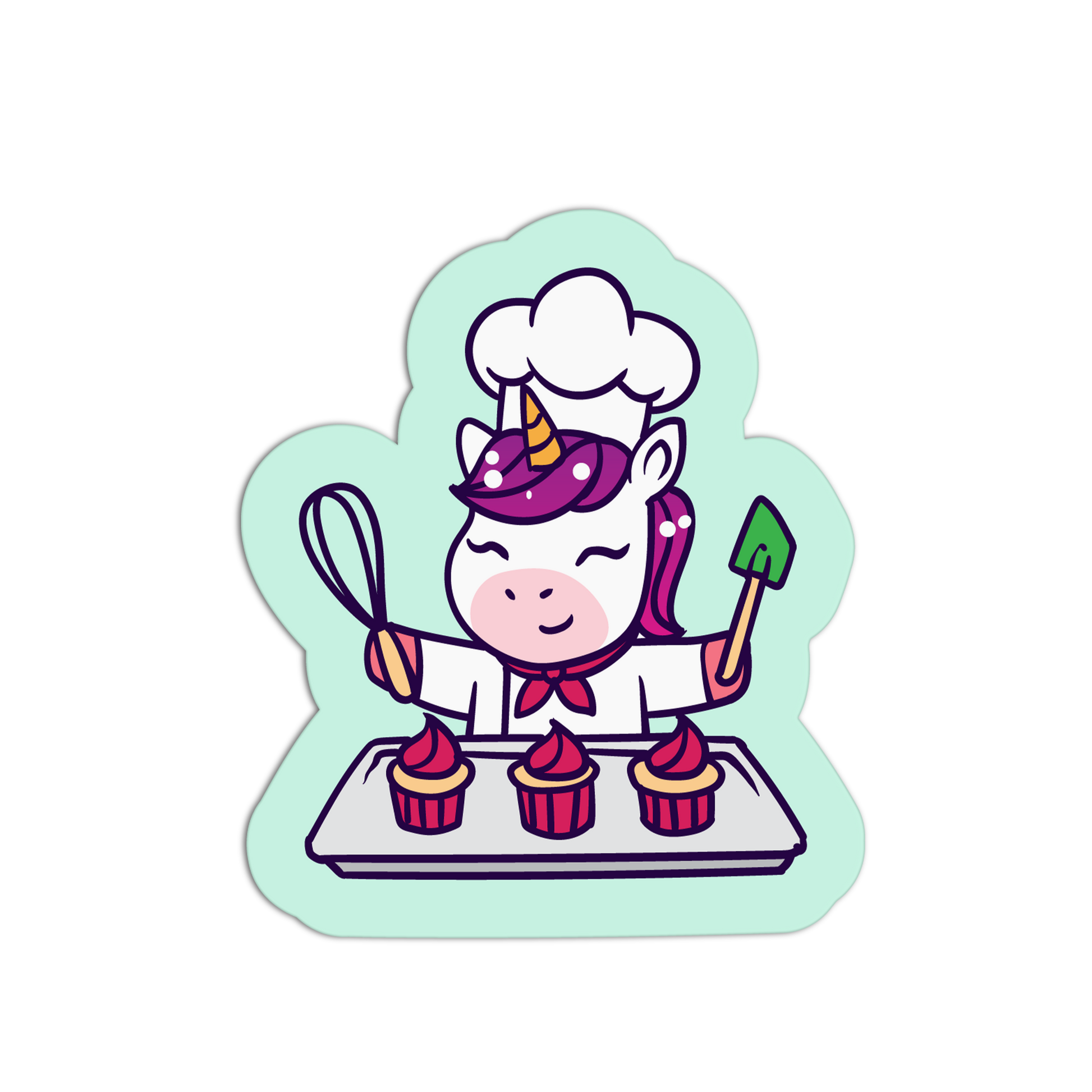 Sticker of a unicorn chef baking cupcakes on a white background