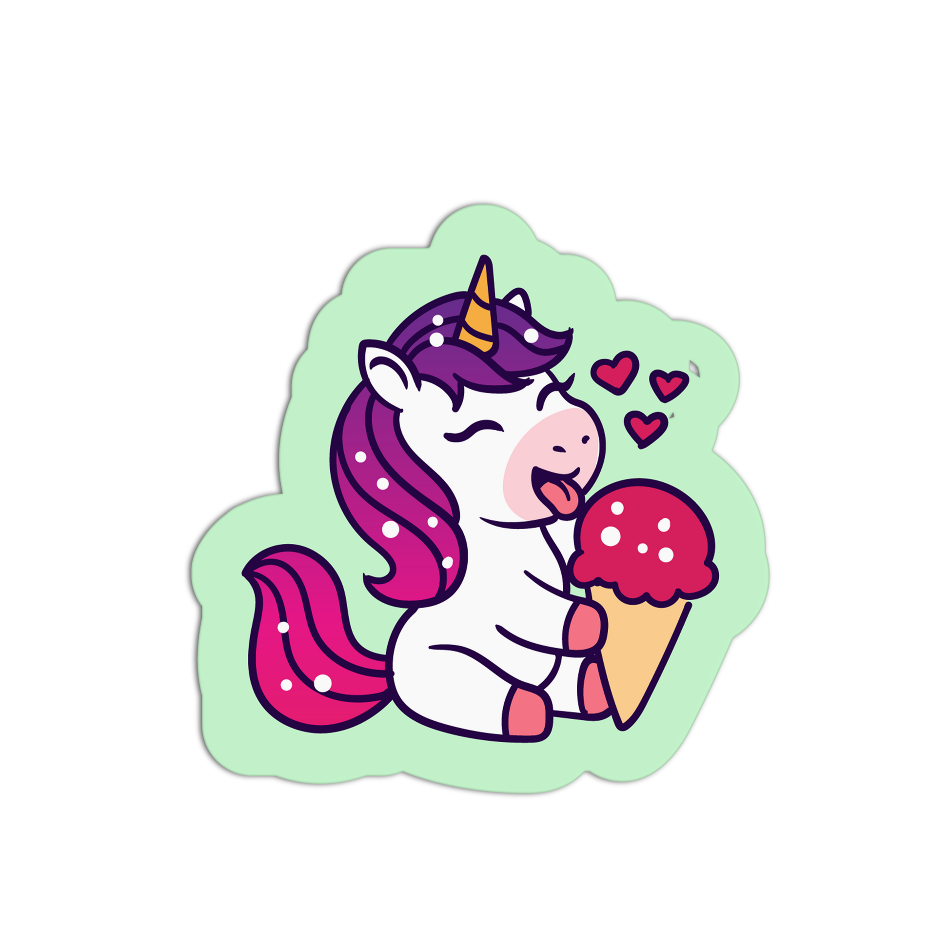 Sticker of a unicorn with a pink horn and mane, holding an ice cream cone on a light green background.