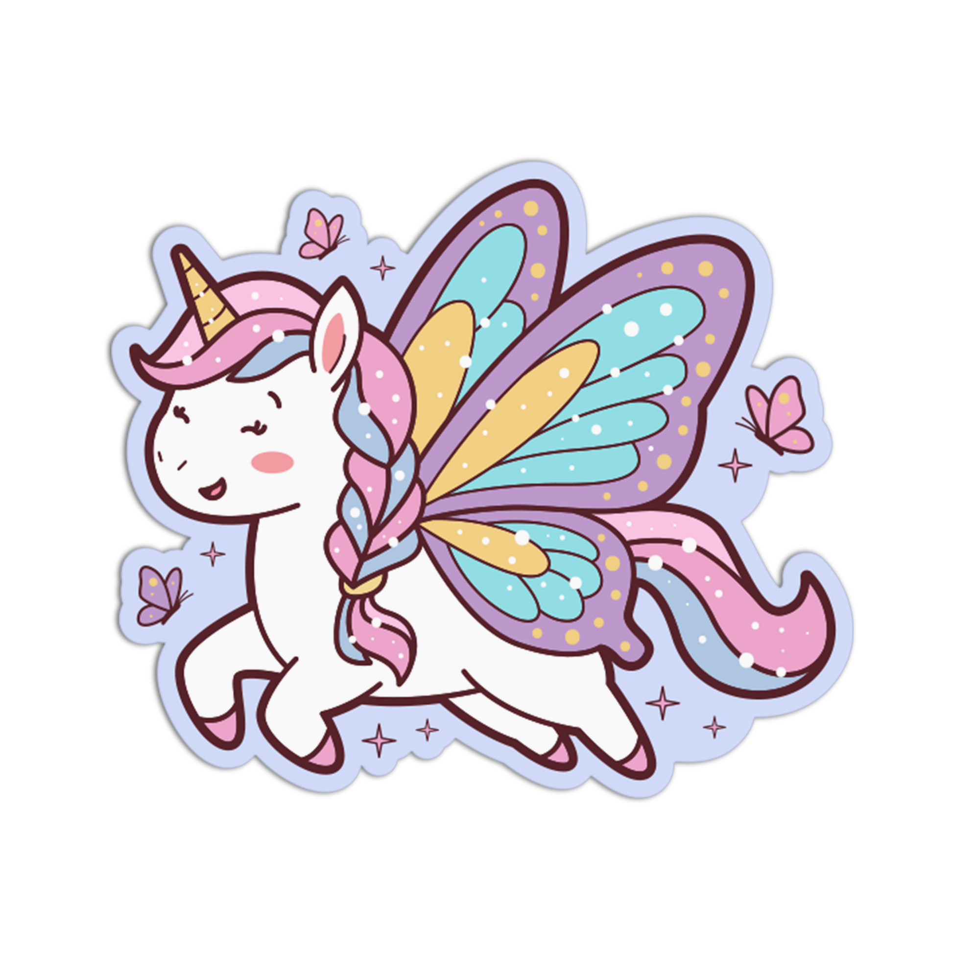Cartoon unicorn with butterfly wings on a white background