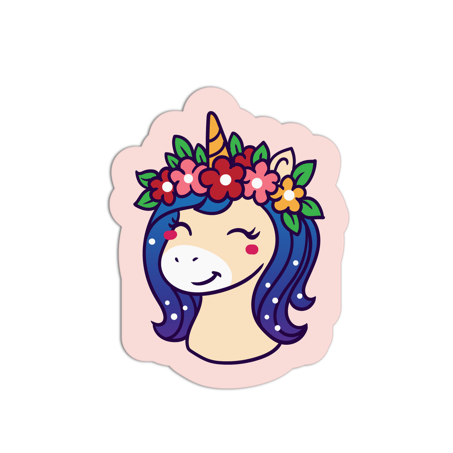 Sticker of a unicorn with a floral crown on a white background