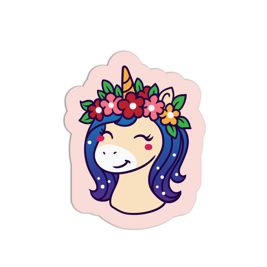 Sticker of a unicorn with a floral crown on a white background