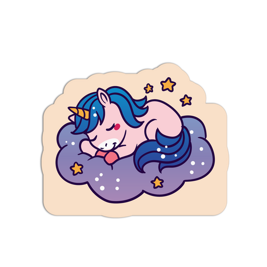 Sticker of a unicorn with blue hair and stars on a cloud, on a beige border.