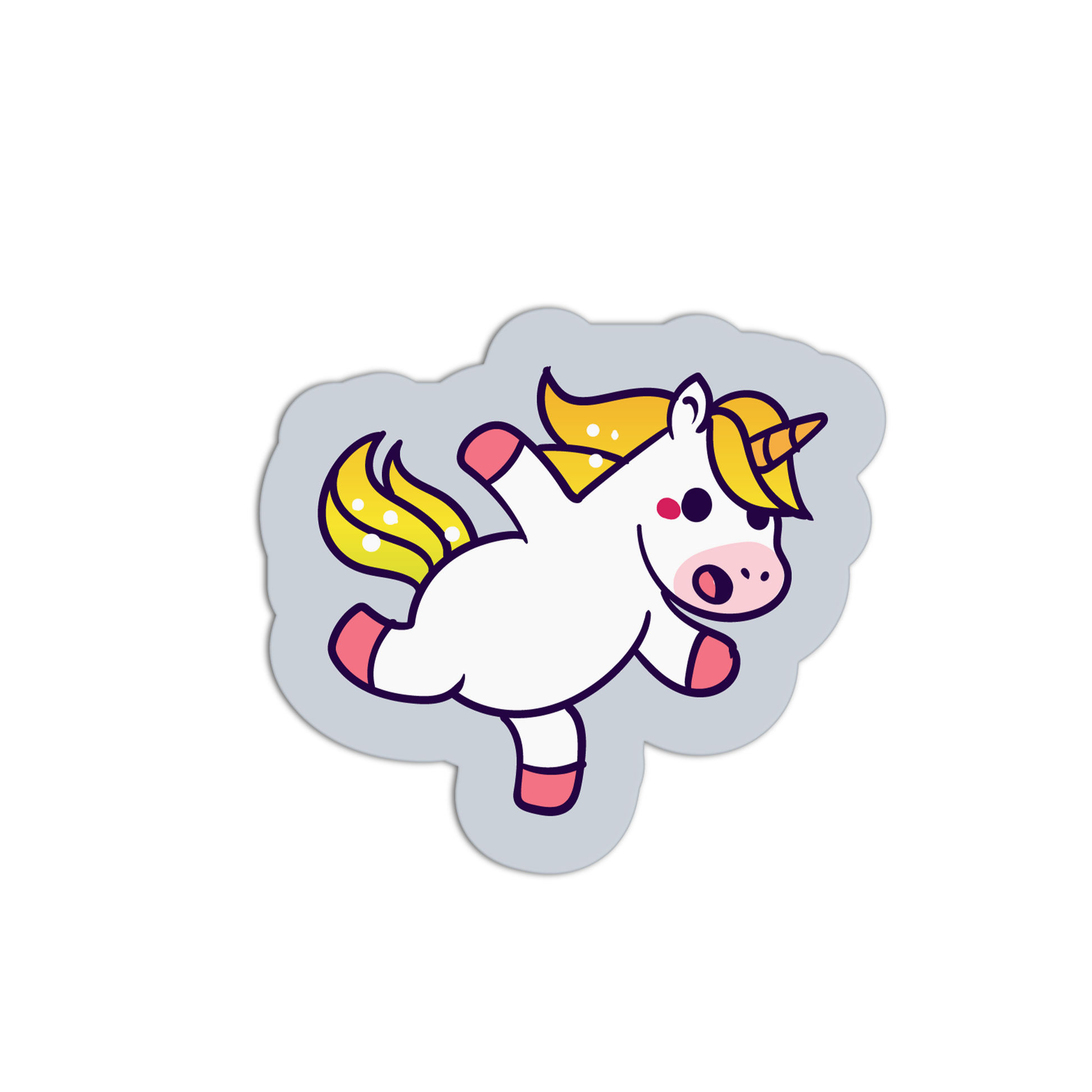 Cartoon unicorn sticker with a colorful mane on a white background
