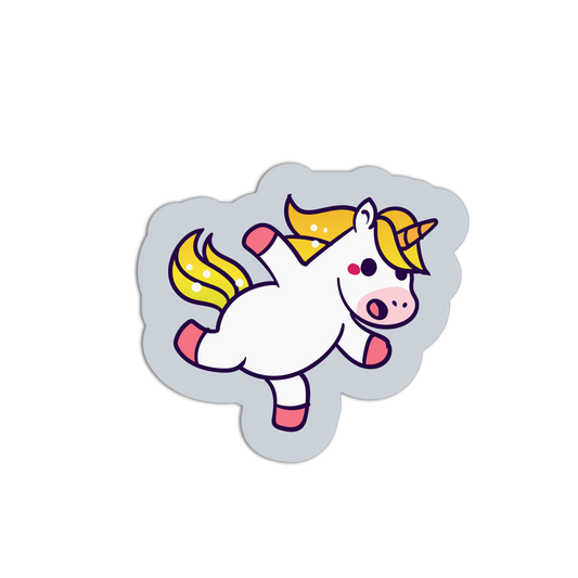 Cartoon unicorn sticker with a colorful mane on a white background