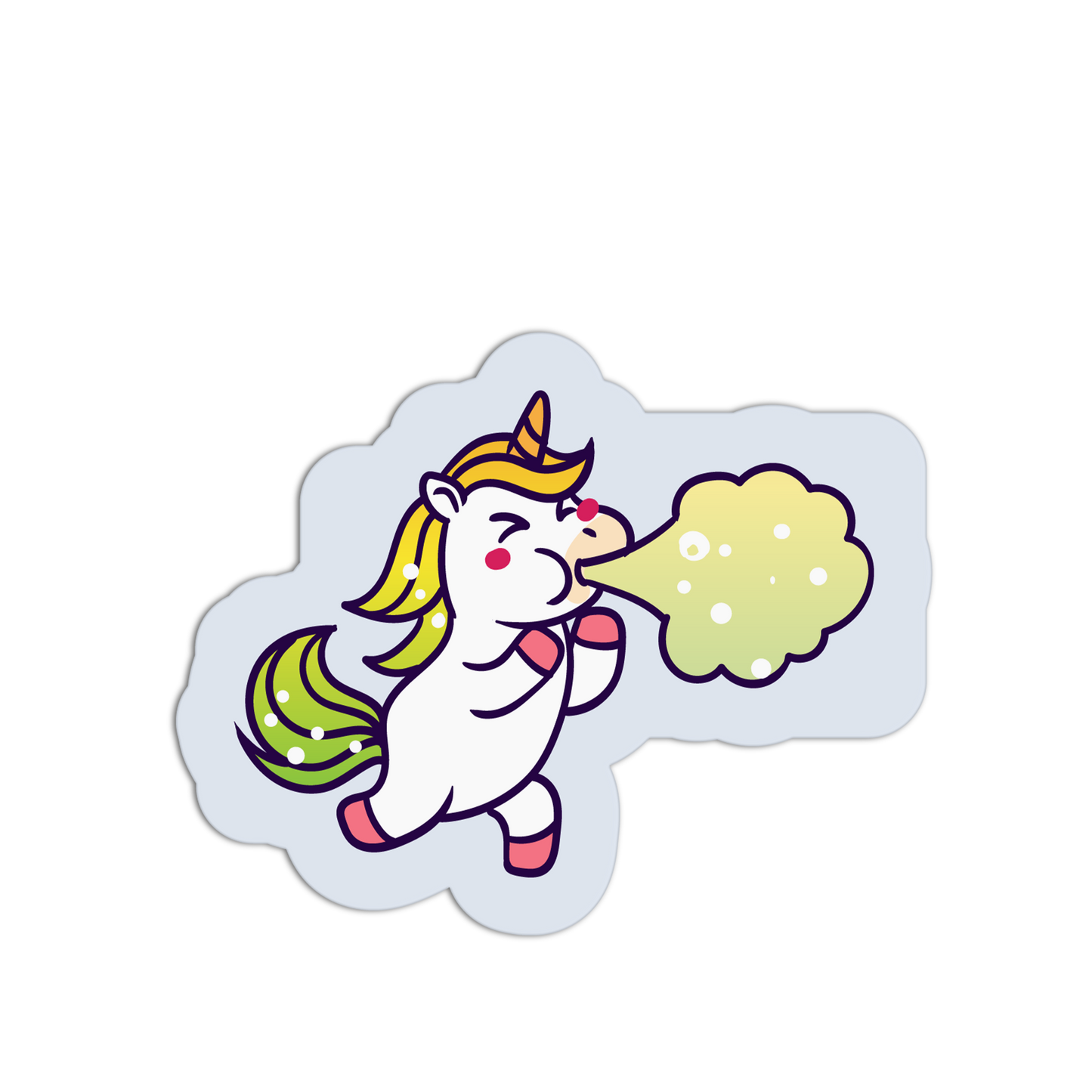 Sticker of a cartoon unicorn blowing a bubble on a white background